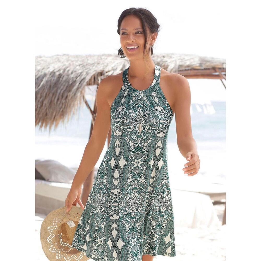 Lascana High neck racerback Lightweight dress Green pattern Size 8 NWT